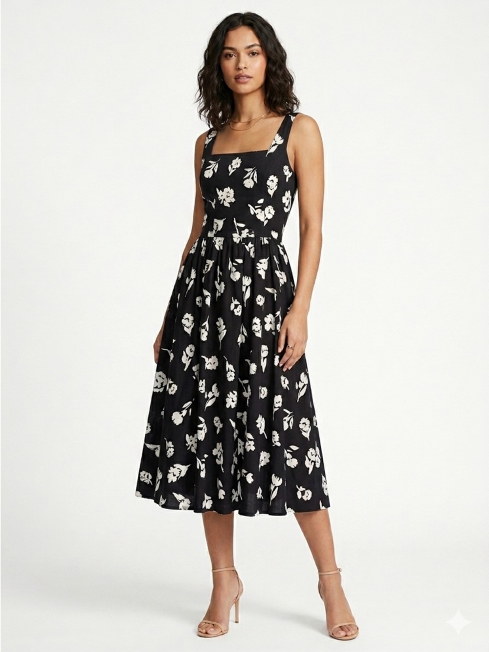 Lanz Originals Vintage Midi Dress Square Neck Floral Cotton Black White Size 8
